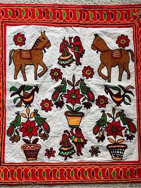 Vintage Handmade Folk Art Embroidered Horses Birds Floral Decorative Textile
